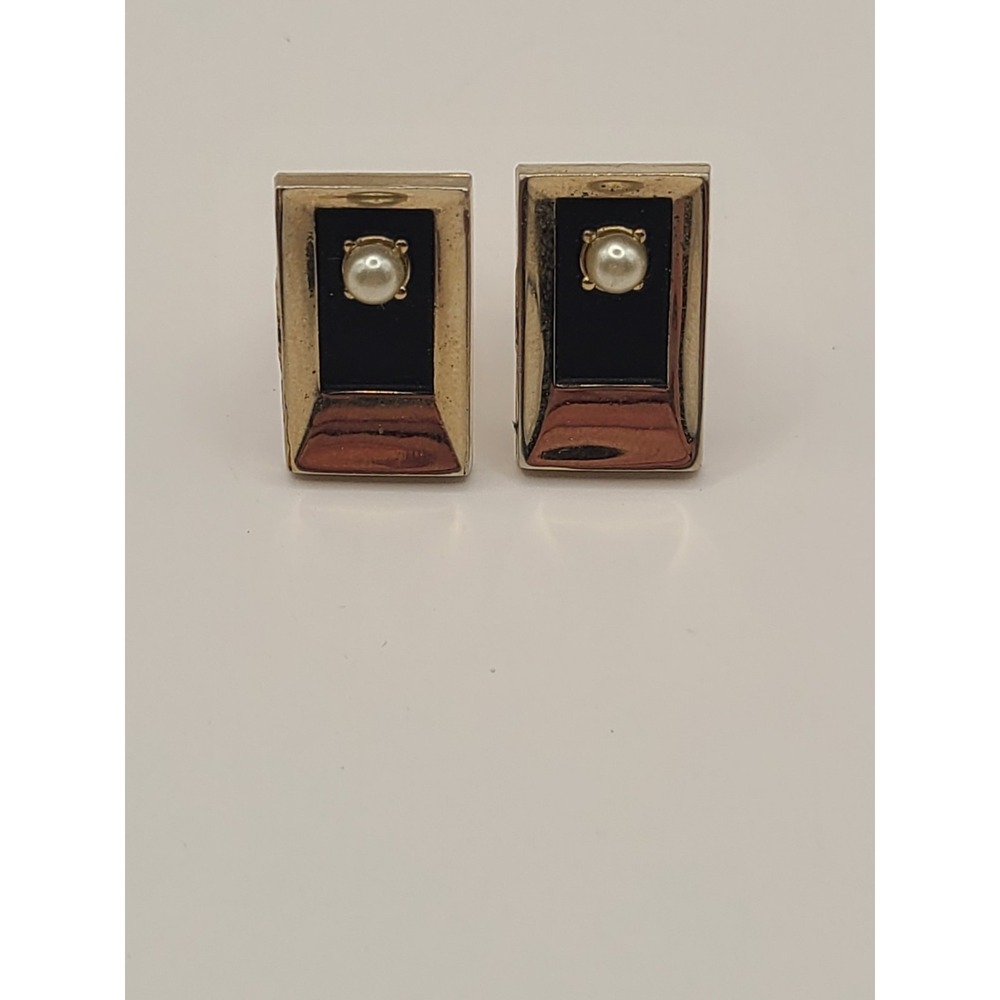 Vintage Faux Pearl & Black Enamel Cufflinks Gold Tone Mid-Century Elegance